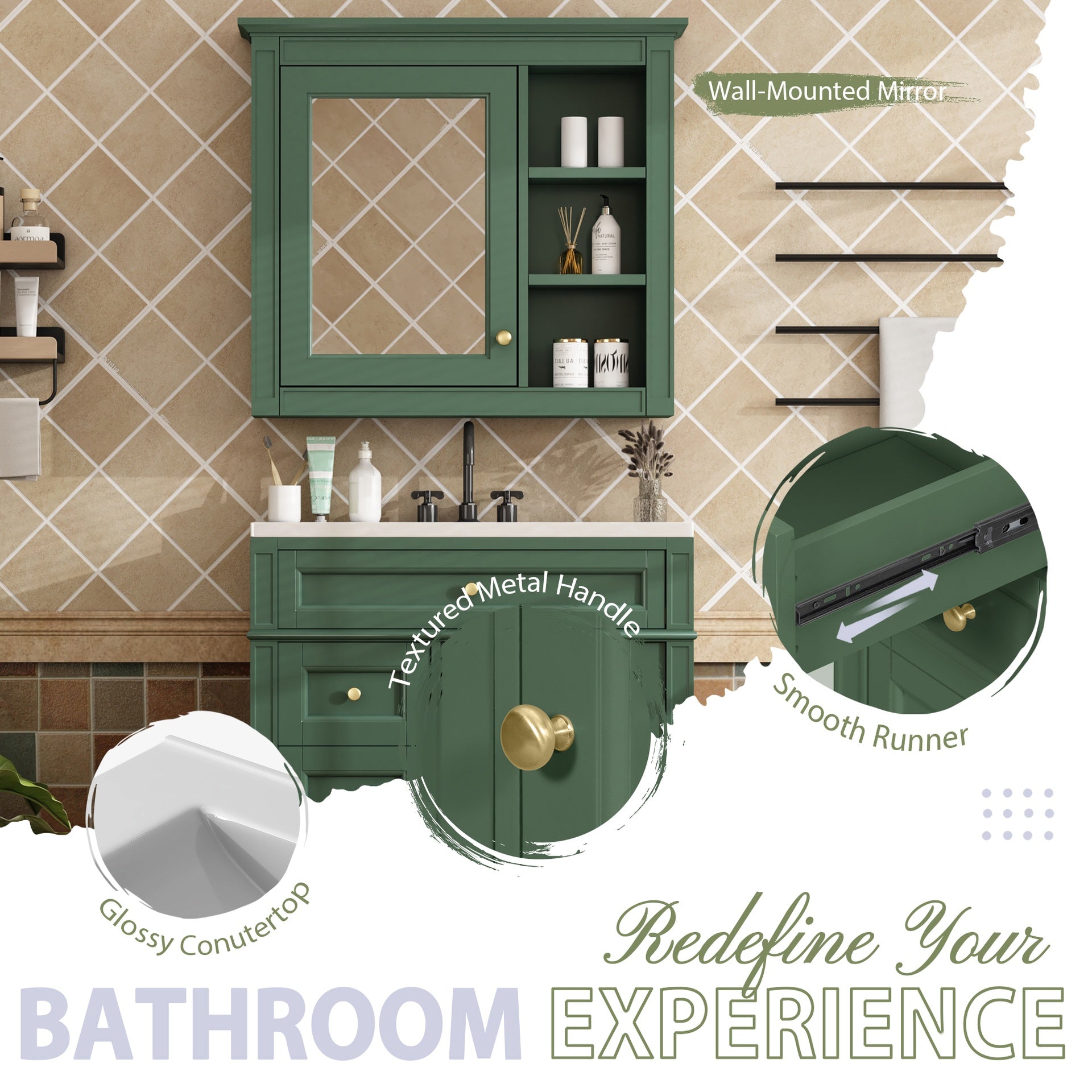 30'' Bathroom Vanity with Top Sink, Modern Bathroom Storage Cabinet with 2 Drawers and a Tip-out Drawer, Freestanding Vanity Set with Mirror Cabinet, Single Sink Bathroom Vanity (Same as SW000126AAF)