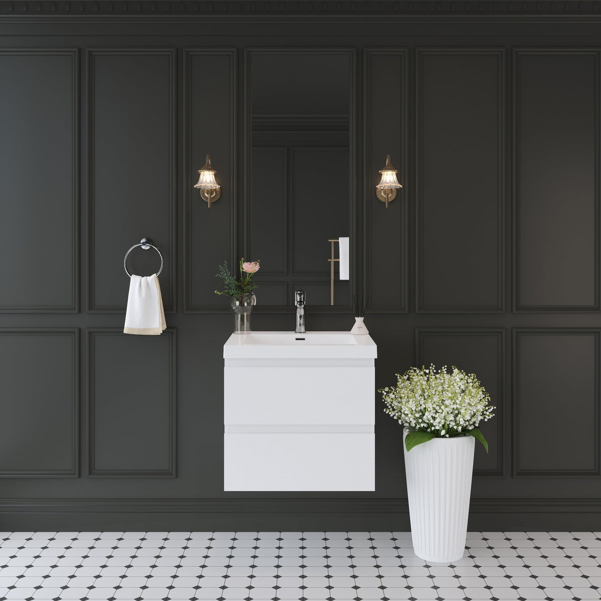 24" Floating Bathroom Vanity with Sink, Modern Wall-Mounted Bathroom Storage Vanity Cabinet with Solid Surface Top Basin and Soft Close Drawers, Fully Assembled Glossy White CM-24V11-24GW