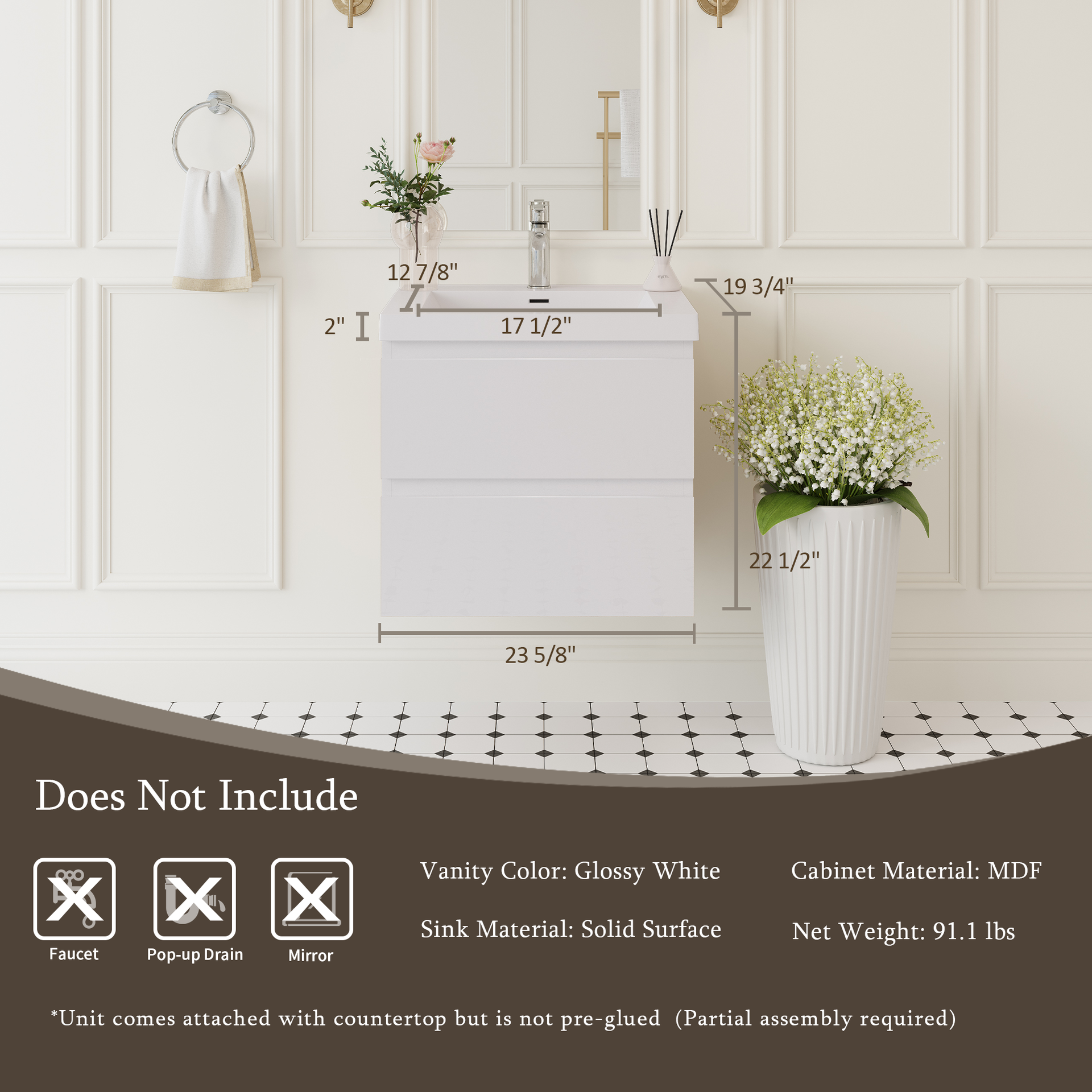 24" Floating Bathroom Vanity with Sink, Modern Wall-Mounted Bathroom Storage Vanity Cabinet with Solid Surface Top Basin and Soft Close Drawers, Fully Assembled Glossy White CM-24V11-24GW