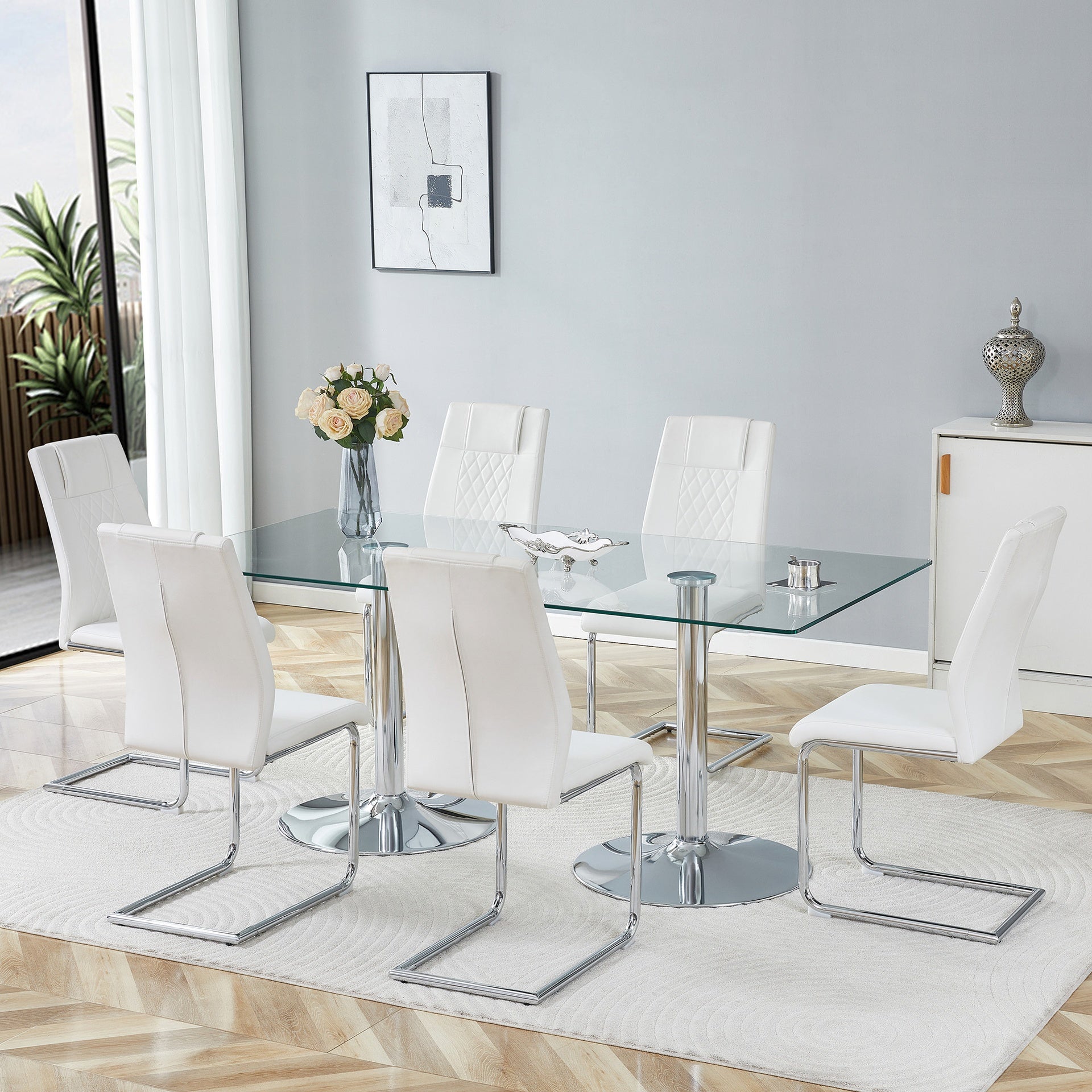 Table and chair set.71 inch x 35.4-inch tempered glass table,White High-quality PU Chairs With Arched Metal Legs, Modern Kitchen Table & 6 Seater Dining Room Furniture Set for Family Gatherings.