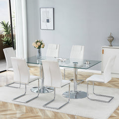 Table and chair set.71 inch x 35.4-inch tempered glass table,White High-quality PU Chairs With Arched Metal Legs, Modern Kitchen Table & 6 Seater Dining Room Furniture Set for Family Gatherings.