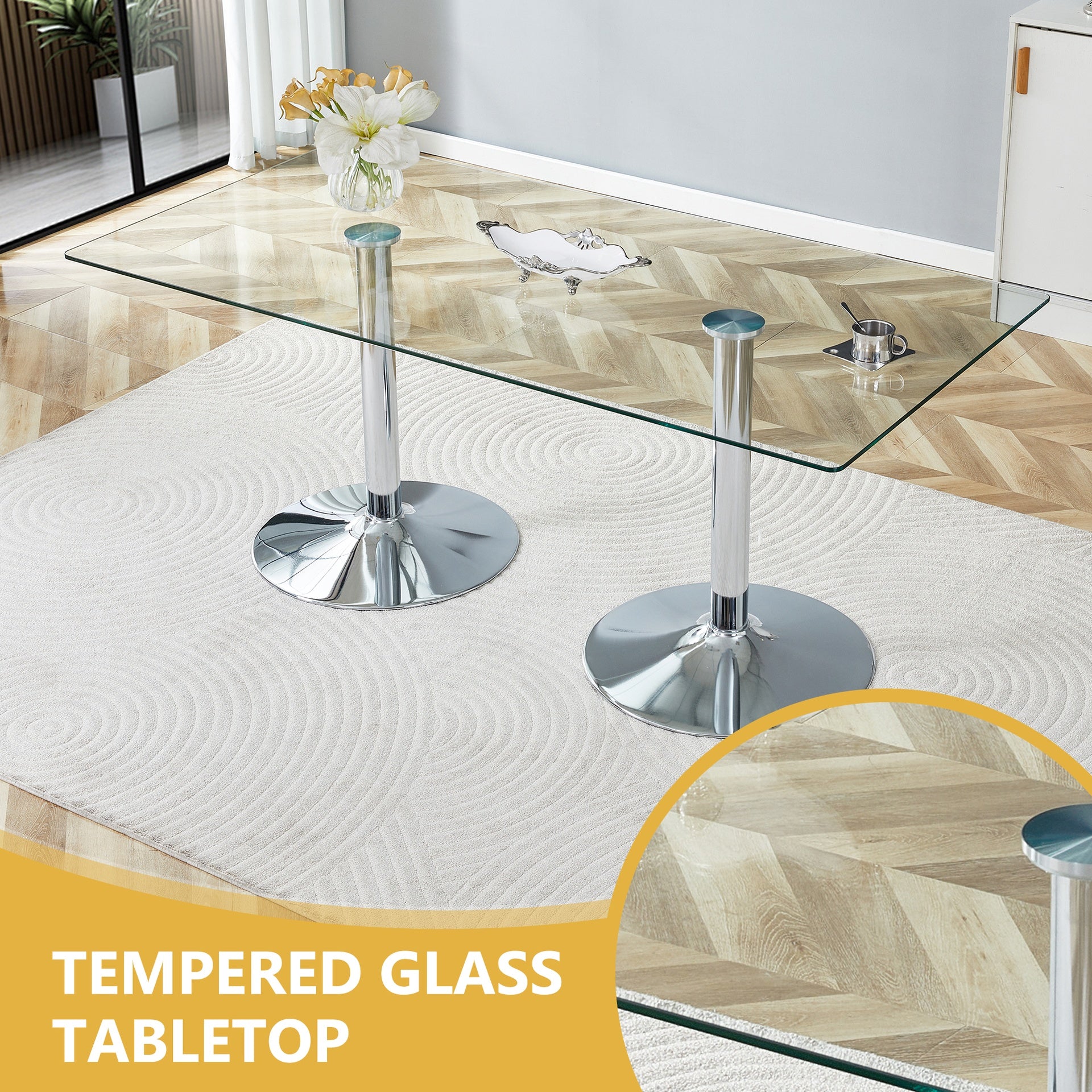 Table and chair set.71 inch x 35.4-inch tempered glass table,White High-quality PU Chairs With Arched Metal Legs, Modern Kitchen Table & 6 Seater Dining Room Furniture Set for Family Gatherings.