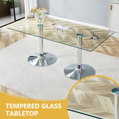 Table and chair set.71 inch x 35.4-inch tempered glass table,White High-quality PU Chairs With Arched Metal Legs, Modern Kitchen Table & 6 Seater Dining Room Furniture Set for Family Gatherings.