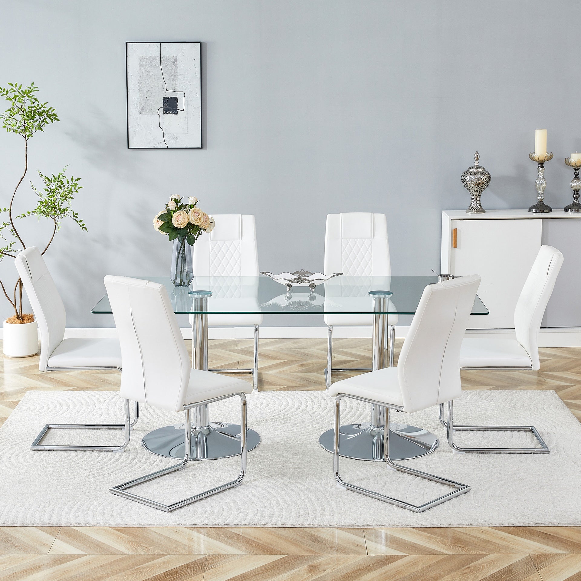Table and chair set.71 inch x 35.4-inch tempered glass table,White High-quality PU Chairs With Arched Metal Legs, Modern Kitchen Table & 6 Seater Dining Room Furniture Set for Family Gatherings.