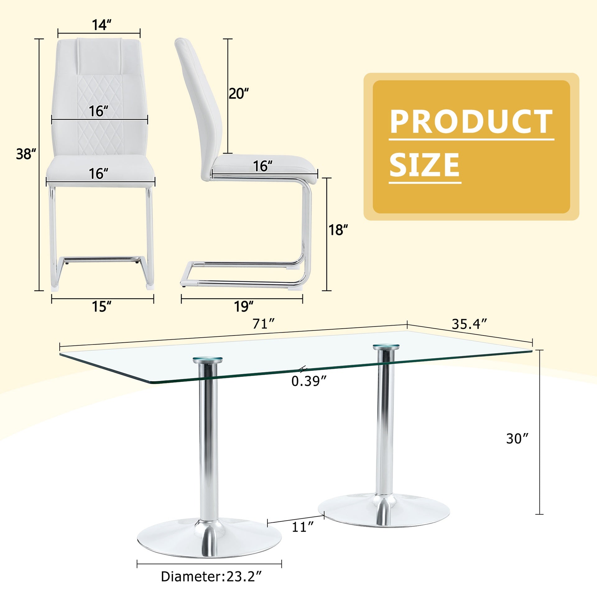 Table and chair set.71 inch x 35.4-inch tempered glass table,White High-quality PU Chairs With Arched Metal Legs, Modern Kitchen Table & 6 Seater Dining Room Furniture Set for Family Gatherings.
