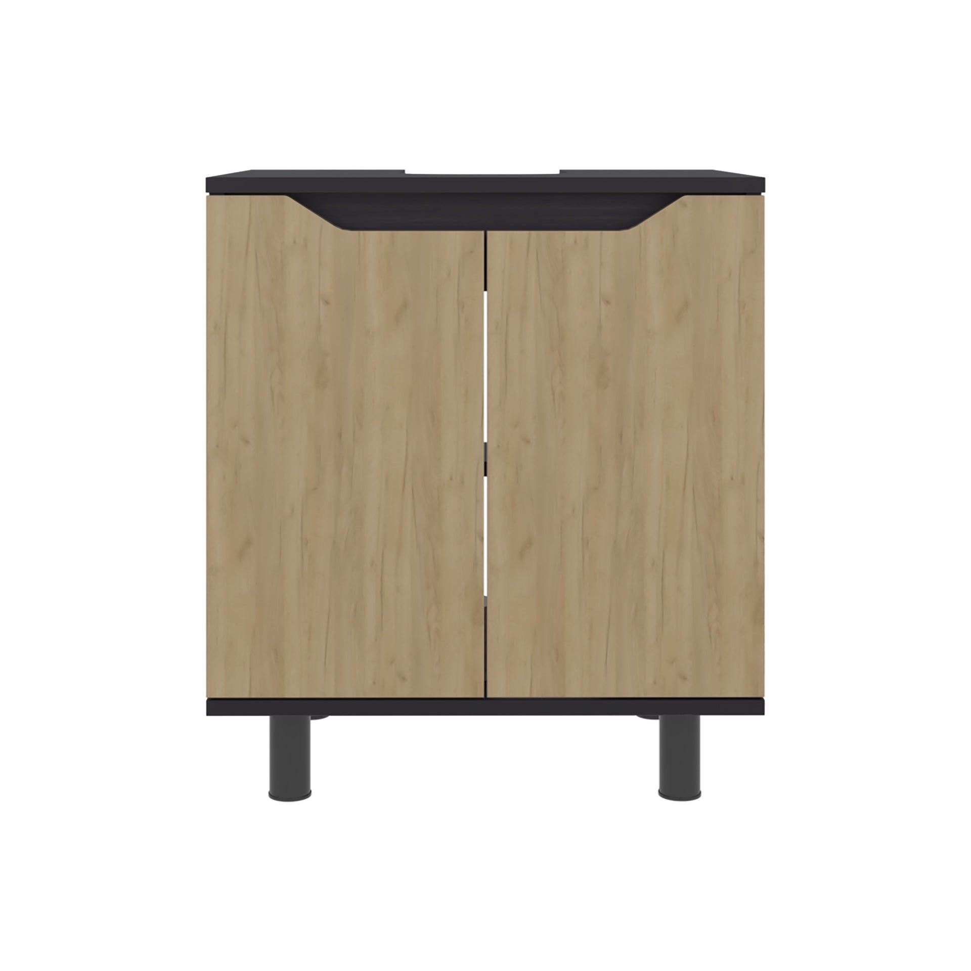 Marlo Under Sink Cabinet with Two Doors and Interior Storage Shelves, Cut-Out Back, 22 Wide Freestanding, Modern Bathroom Storage, Black, Natural Oak