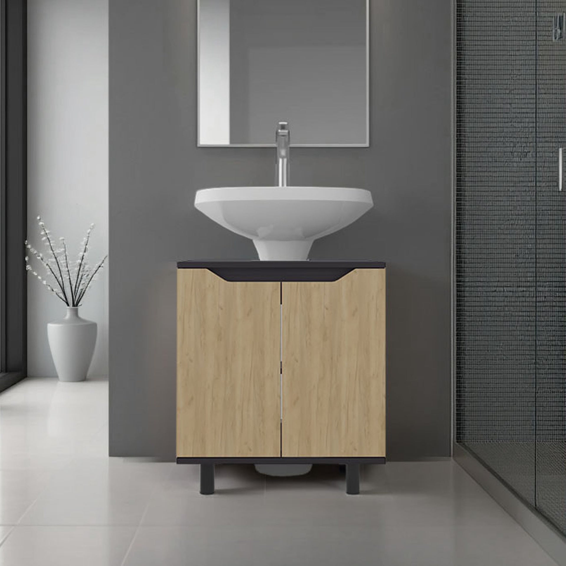 Marlo Under Sink Cabinet with Two Doors and Interior Storage Shelves, Cut-Out Back, 22 Wide Freestanding, Modern Bathroom Storage, Black, Natural Oak