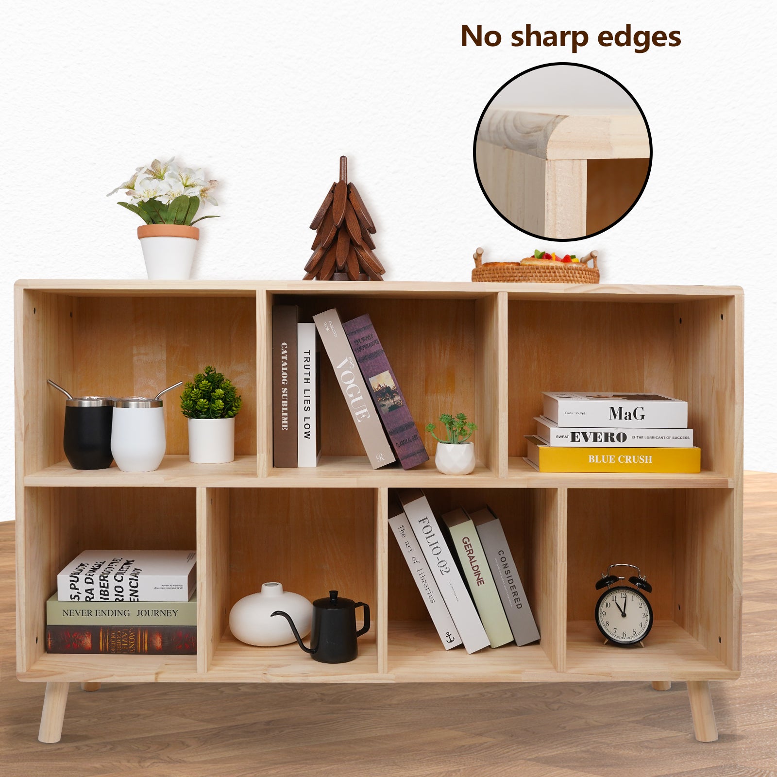 Solid Pine Wood 7-Compartment Storage Cabinet, 45.5"L x 29.1"H Fixed Shelves Organizer for Books/Toys/Home Décor, Modern Wooden Shelf ,Multi-Compartment Cabinet for Home/Office