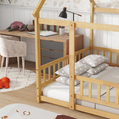 Full Size House Floor Wooden Bed with Roof Frame, Safety Guardrails,Natural