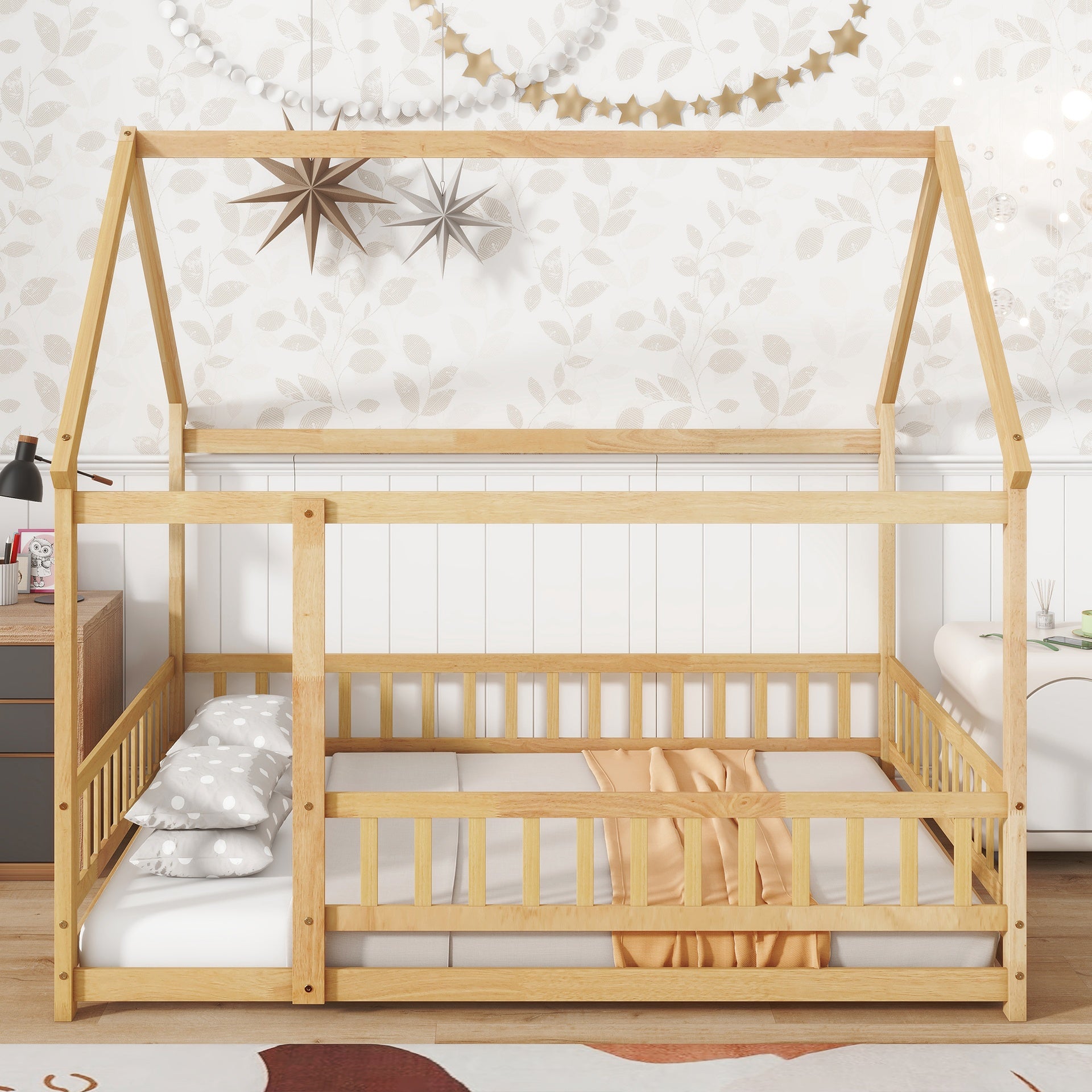 Full Size House Floor Wooden Bed with Roof Frame, Safety Guardrails,Natural