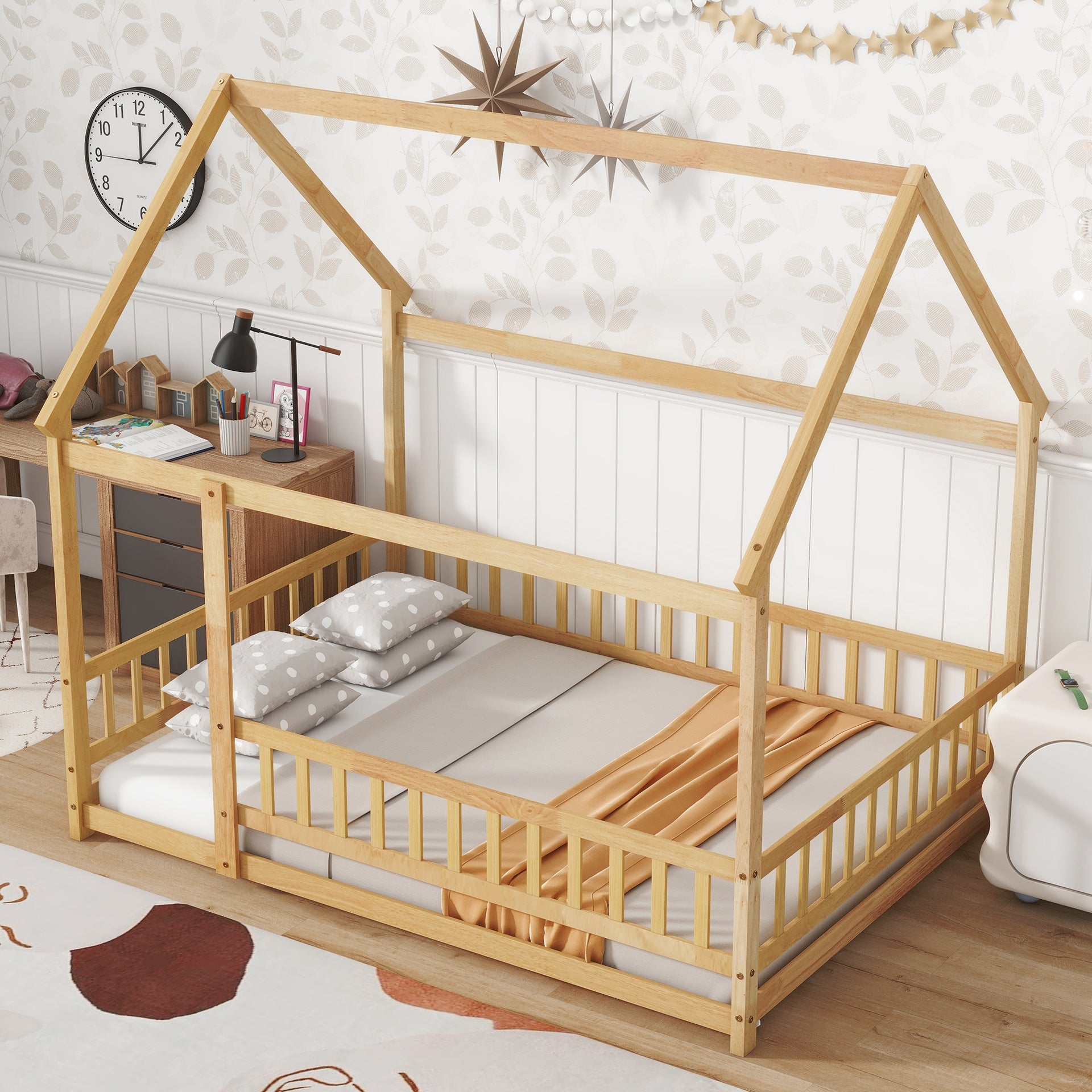 Full Size House Floor Wooden Bed with Roof Frame, Safety Guardrails,Natural