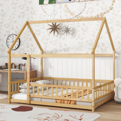 Full Size House Floor Wooden Bed with Roof Frame, Safety Guardrails,Natural
