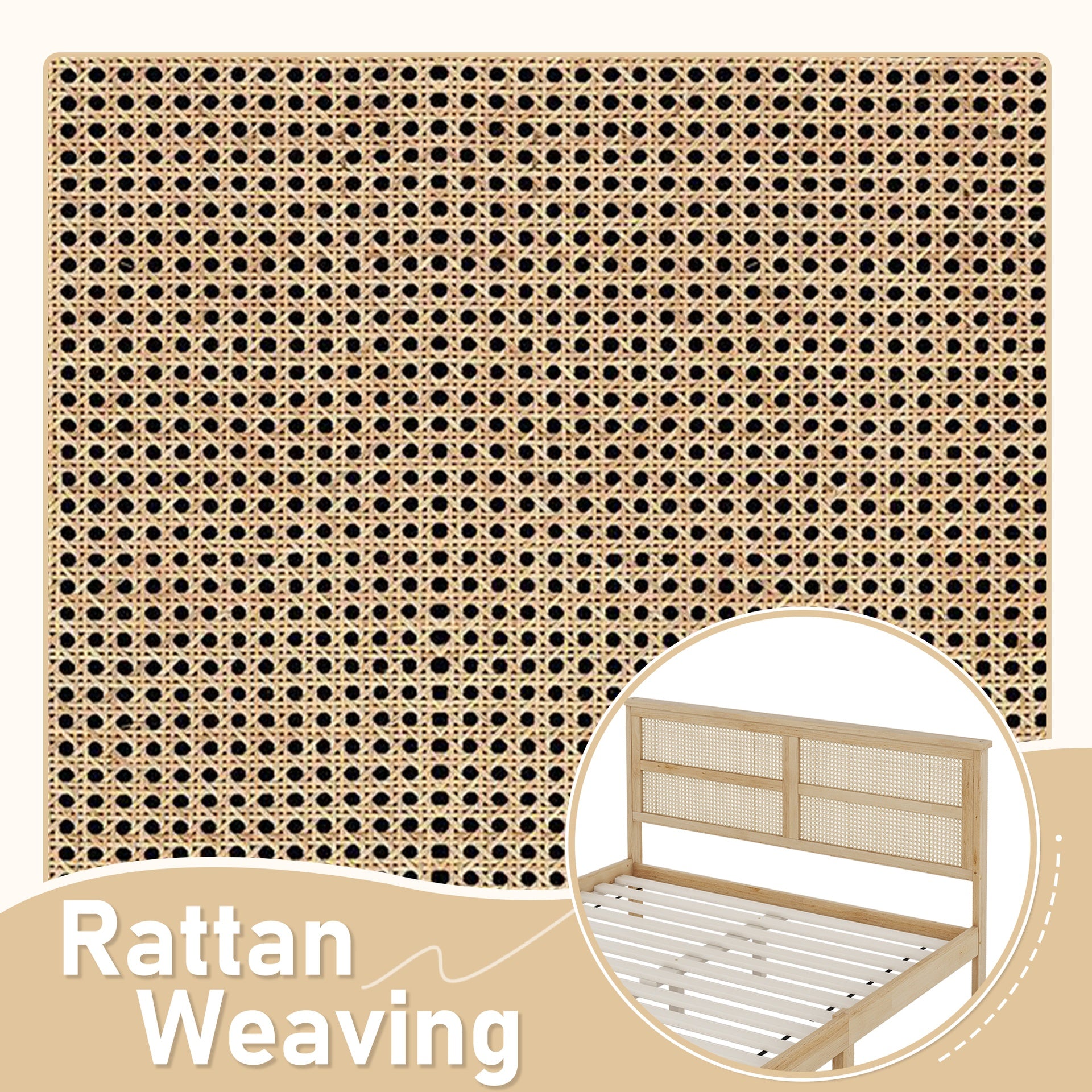 Queen Size Rubber Wooden, Solid Wooden Bed with Rattan Headboard, Enhanced by Support Feet,Natural
