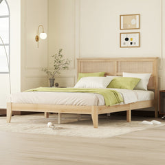 Queen Size Rubber Wooden, Solid Wooden Bed with Rattan Headboard, Enhanced by Support Feet,Natural
