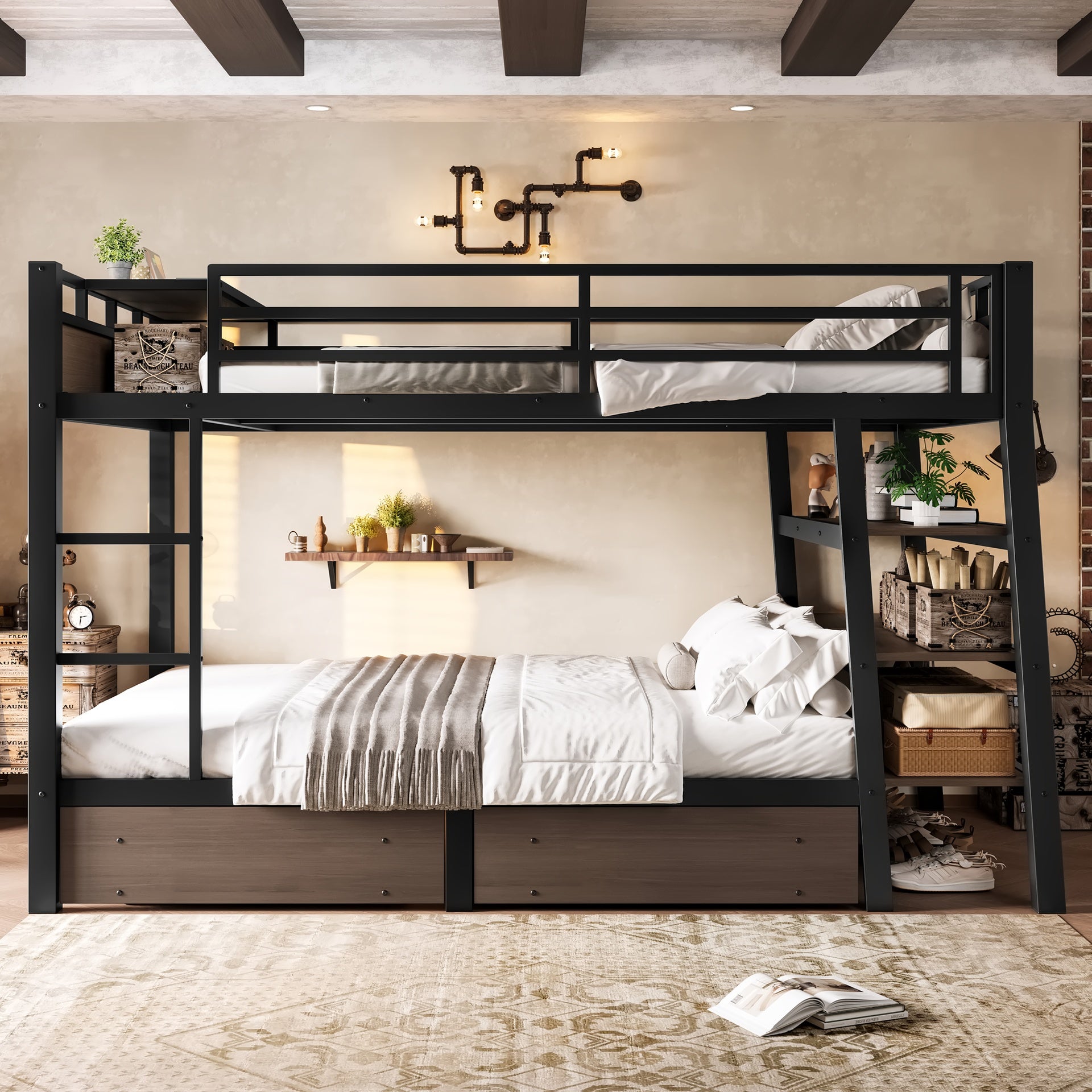 Full  Size Metal Bunk Bed with Storage Shelves , LED light strip, and USB power strip, black
