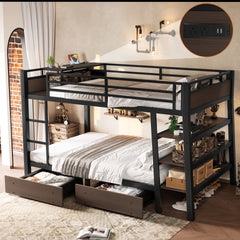 Full  Size Metal Bunk Bed with Storage Shelves , LED light strip, and USB power strip, black