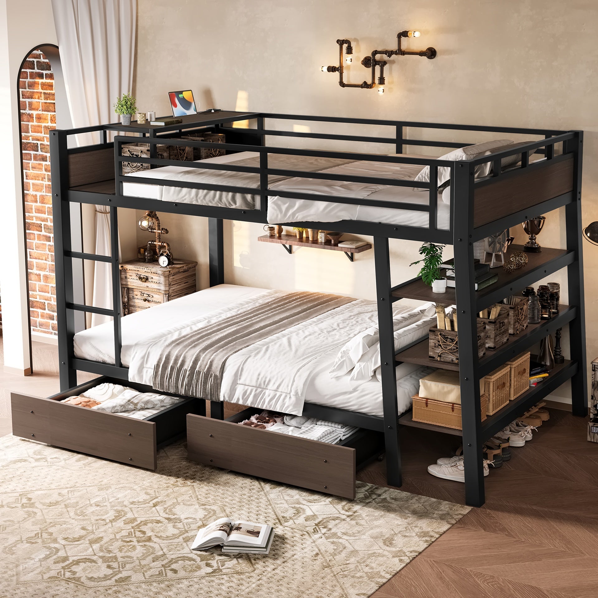 Full  Size Metal Bunk Bed with Storage Shelves , LED light strip, and USB power strip, black