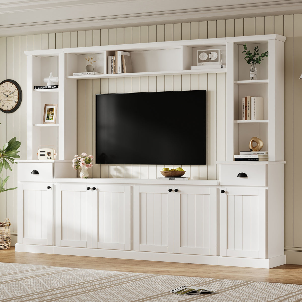 Minimalist Entertainment Wall Unit Set with Bridge for TVs Up to 75'', Ample Storage Space TV Stand with Adjustable Shelves, Modernist Large Media Console for Living Room, White (NEW SKU: SD000061AAK)