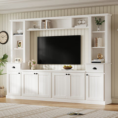 Minimalist Entertainment Wall Unit Set with Bridge for TVs Up to 75'', Ample Storage Space TV Stand with Adjustable Shelves, Modernist Large Media Console for Living Room, White (NEW SKU: SD000061AAK)