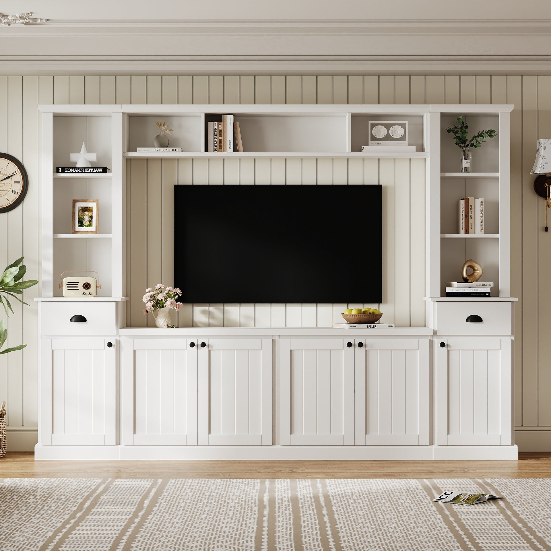 Minimalist Entertainment Wall Unit Set with Bridge for TVs Up to 75'', Ample Storage Space TV Stand with Adjustable Shelves, Modernist Large Media Console for Living Room, White (NEW SKU: SD000061AAK)