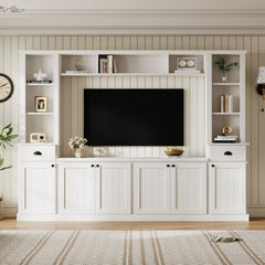 Minimalist Entertainment Wall Unit Set with Bridge for TVs Up to 75'', Ample Storage Space TV Stand with Adjustable Shelves, Modernist Large Media Console for Living Room, White (NEW SKU: SD000061AAK)