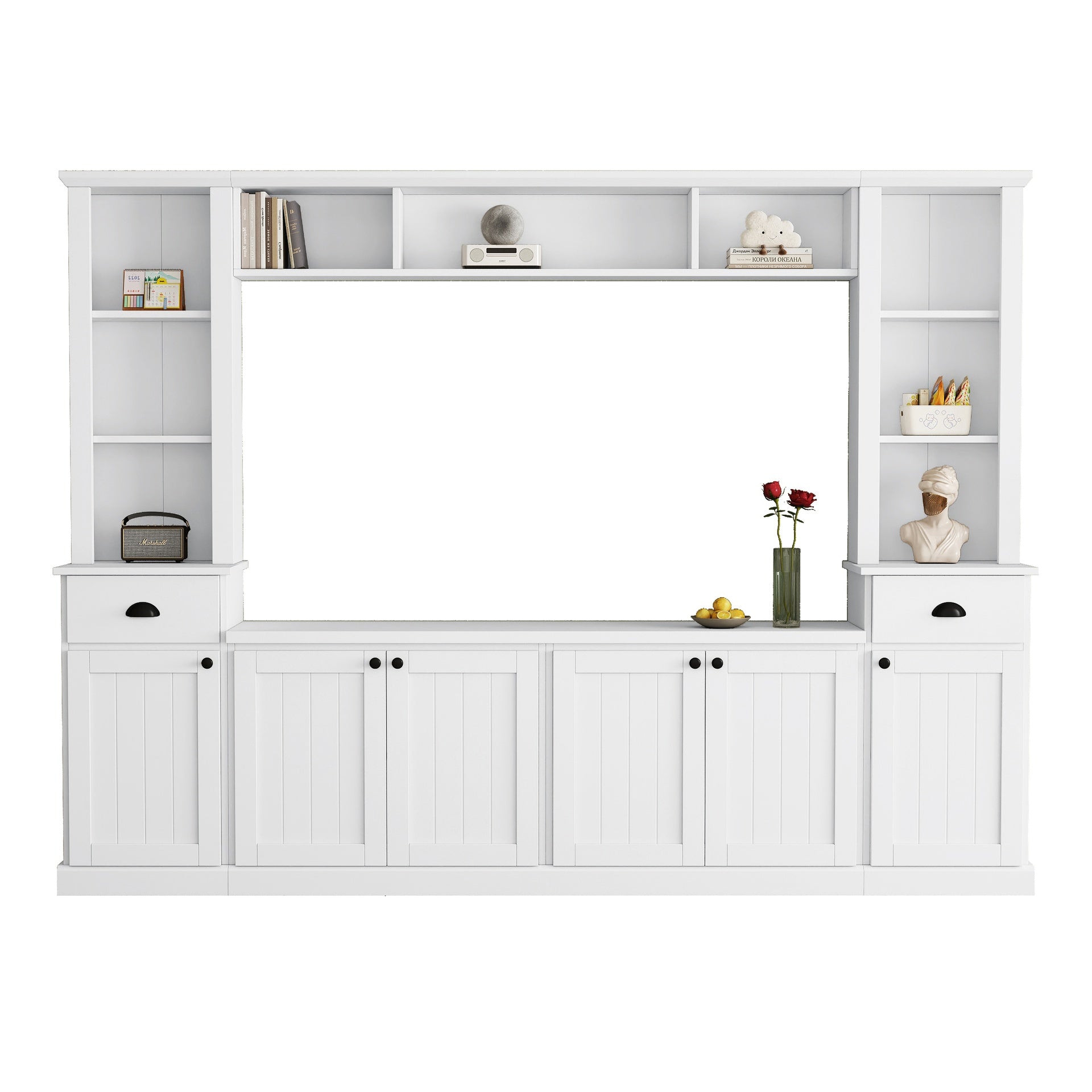Minimalist Entertainment Wall Unit Set with Bridge for TVs Up to 75'', Ample Storage Space TV Stand with Adjustable Shelves, Modernist Large Media Console for Living Room, White (NEW SKU: SD000061AAK)