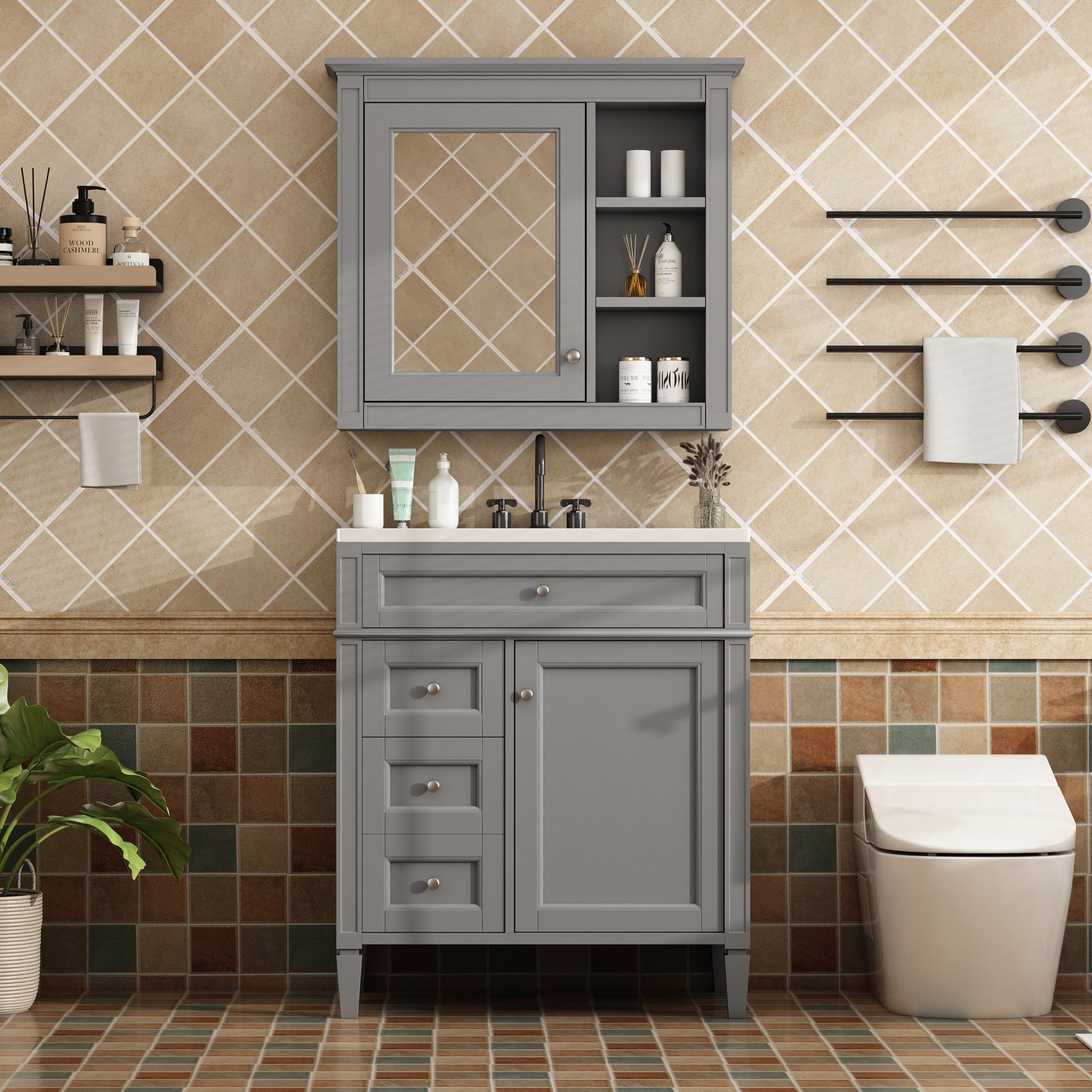30'' Bathroom Vanity with Top Sink, Modern Bathroom Storage Cabinet with 2 Drawers and a Tip-out Drawer,  Freestanding Vanity Set with Mirror Cabinet, Single Sink Bathroom Vanity