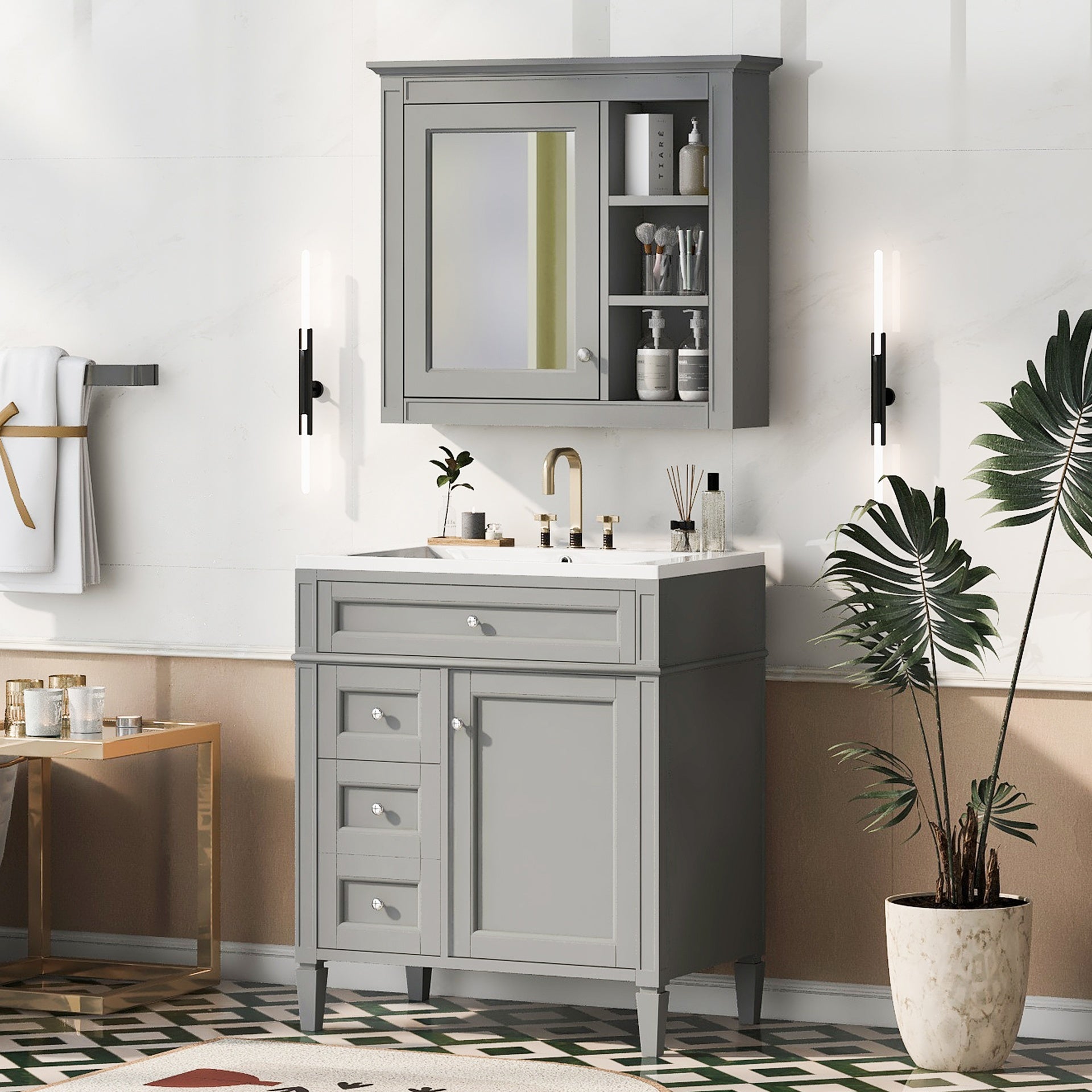 30'' Bathroom Vanity with Top Sink, Modern Bathroom Storage Cabinet with 2 Drawers and a Tip-out Drawer,  Freestanding Vanity Set with Mirror Cabinet, Single Sink Bathroom Vanity