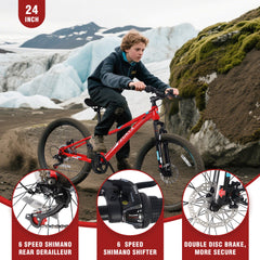 24 Inch 6-Speed Mountain Bike for Kids Boys and Girls