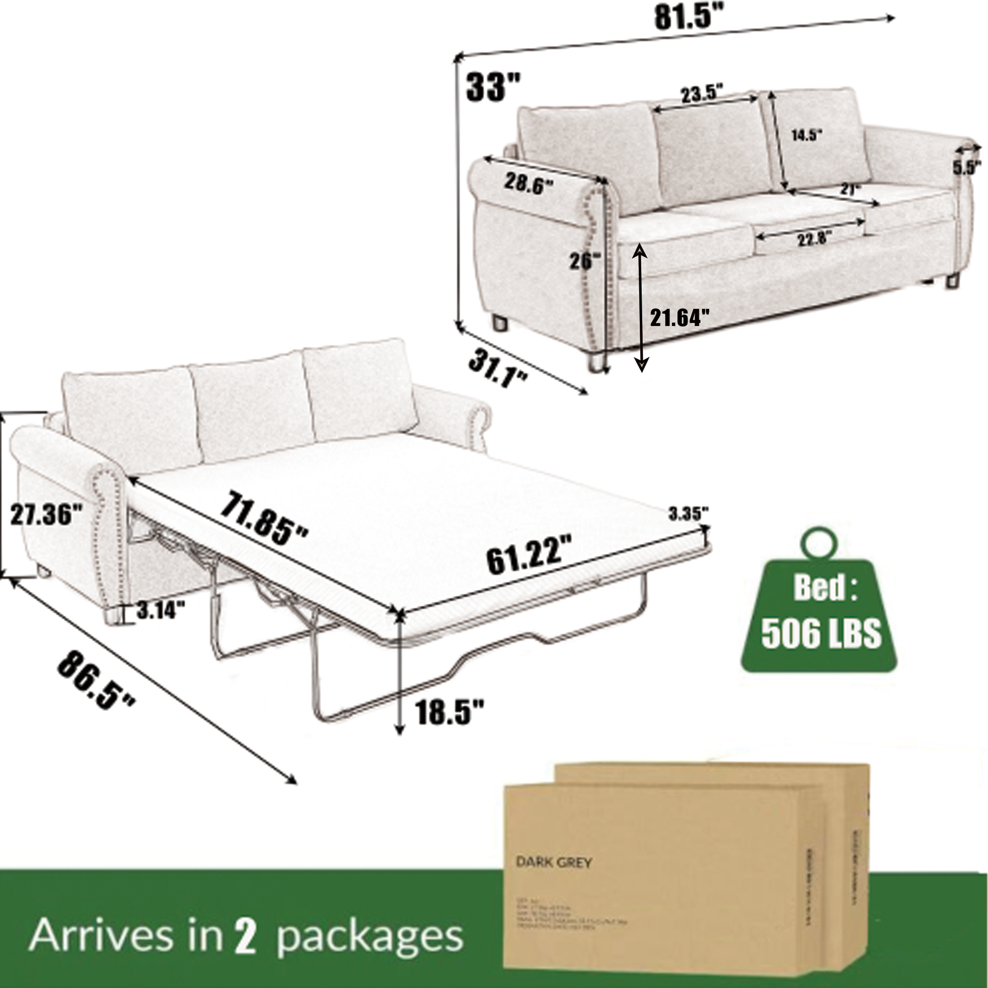 81.5" 2-in-1 Queen  Convertible Sleeper Sofa Bed,  Pull Out Couch Bed,3 seater sofa bed,with 3.35" Memory Foam Mattress ,Rivet handrail,Living Room, Apartment,  Brown