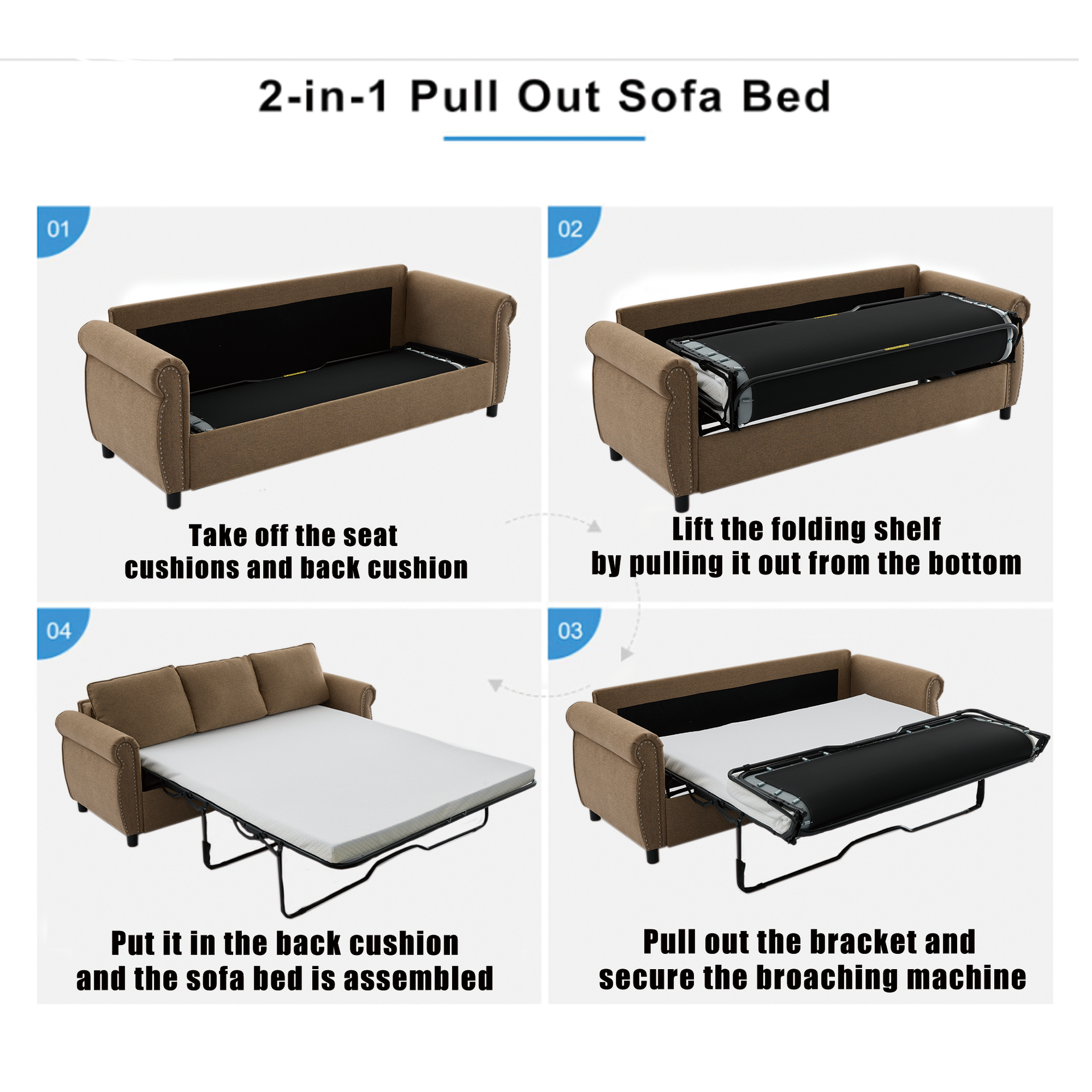 81.5" 2-in-1 Queen  Convertible Sleeper Sofa Bed,  Pull Out Couch Bed,3 seater sofa bed,with 3.35" Memory Foam Mattress ,Rivet handrail,Living Room, Apartment,  Brown