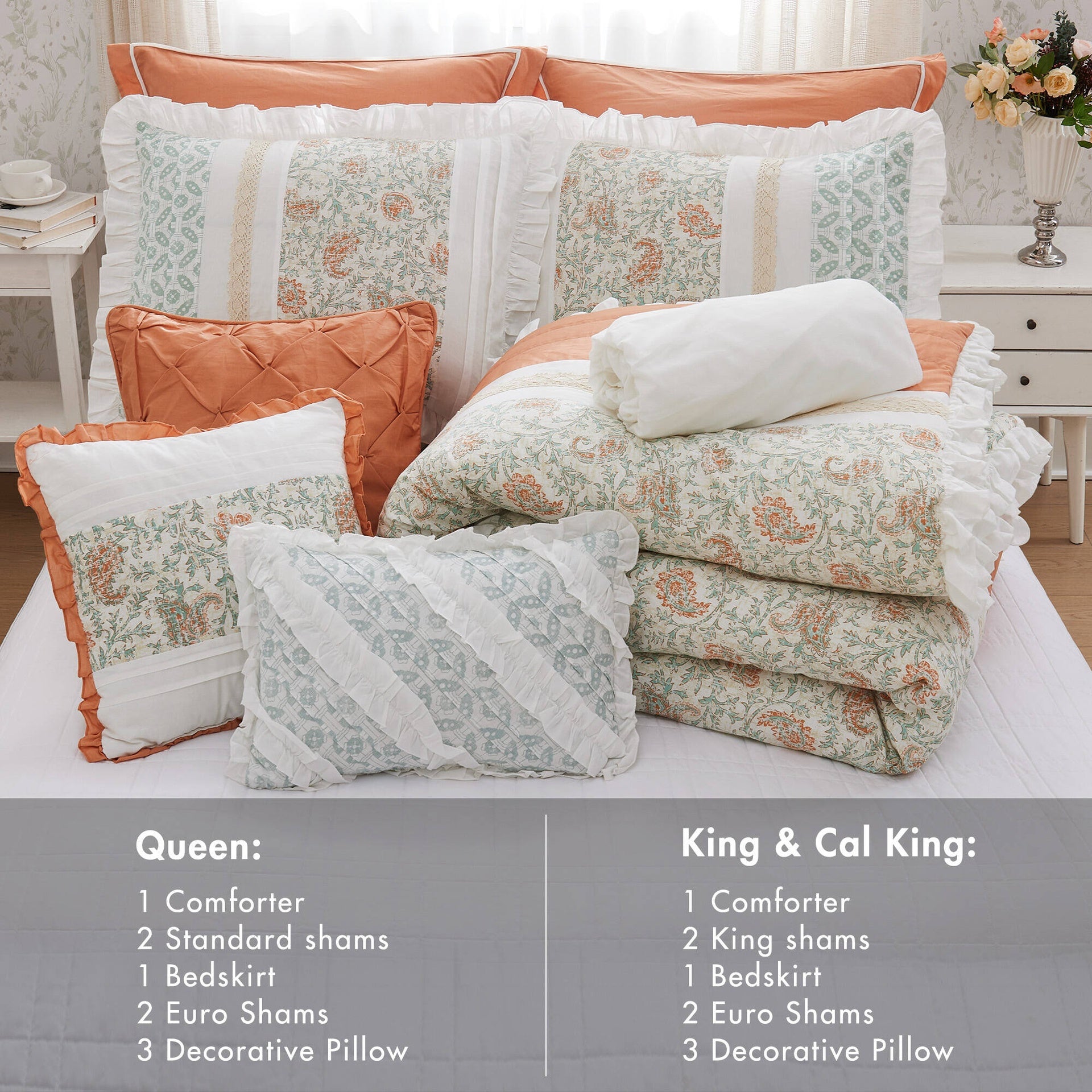 9 Piece Cotton Percale Comforter Set Coral Cal King
