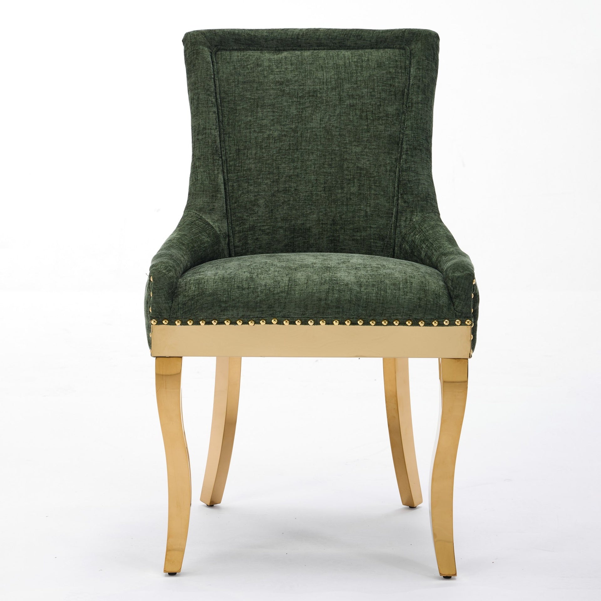 Chenille Dining Chairs, Modern Style with Curved Gold - Plated Legs & Rivet Trim, Upholstered Comfort for Dining/Lounge, Accent Seating with Textured Fabric & One - Piece Structure, Green,Set of 2