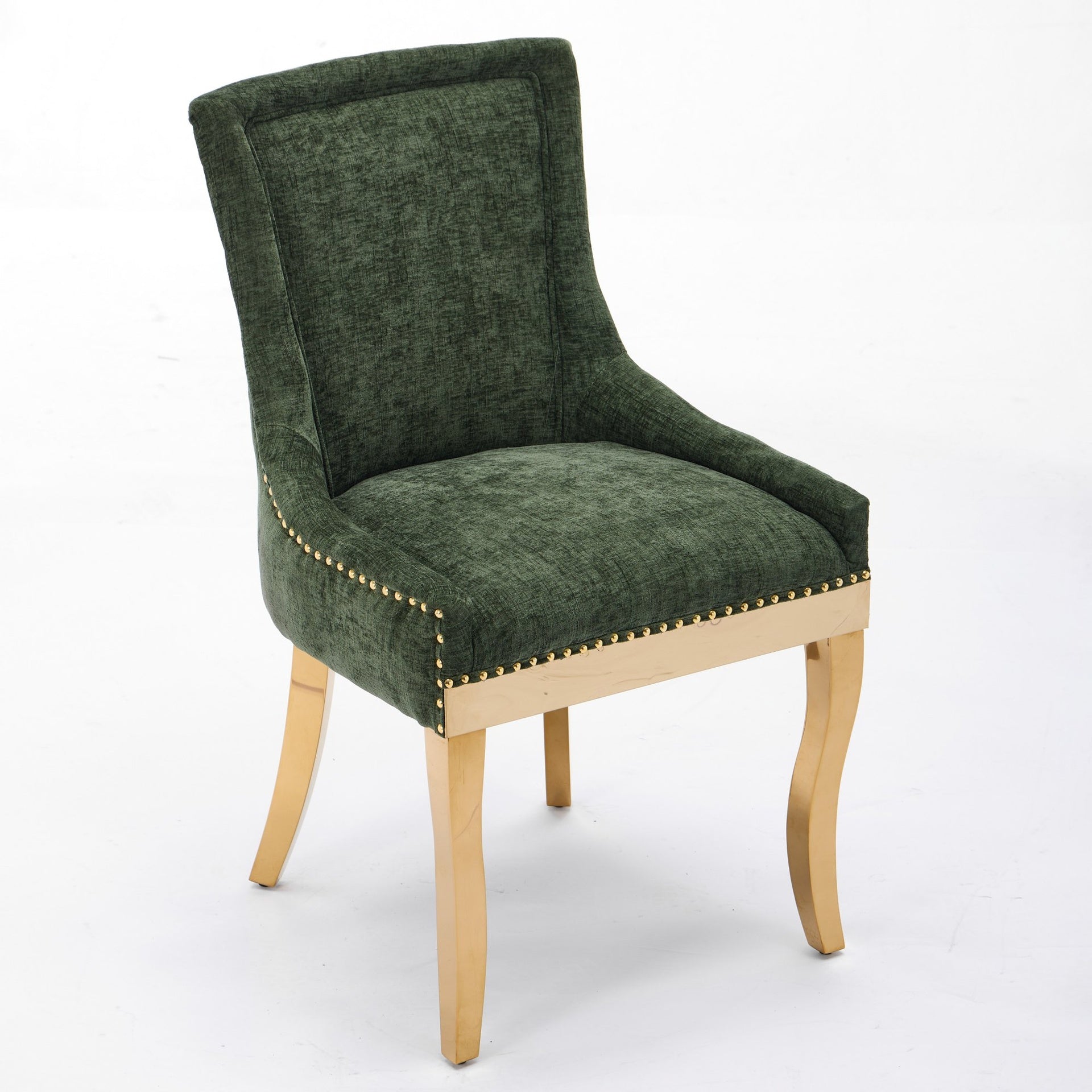 Chenille Dining Chairs, Modern Style with Curved Gold - Plated Legs & Rivet Trim, Upholstered Comfort for Dining/Lounge, Accent Seating with Textured Fabric & One - Piece Structure, Green,Set of 2