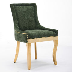 Chenille Dining Chairs, Modern Style with Curved Gold - Plated Legs & Rivet Trim, Upholstered Comfort for Dining/Lounge, Accent Seating with Textured Fabric & One - Piece Structure, Green,Set of 2