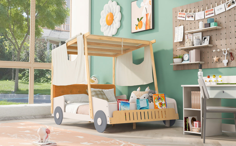 Wood Full Size Car Bed with Pillow, Ceiling Cloth Natural