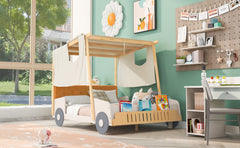 Wood Full Size Car Bed with Pillow, Ceiling Cloth Natural