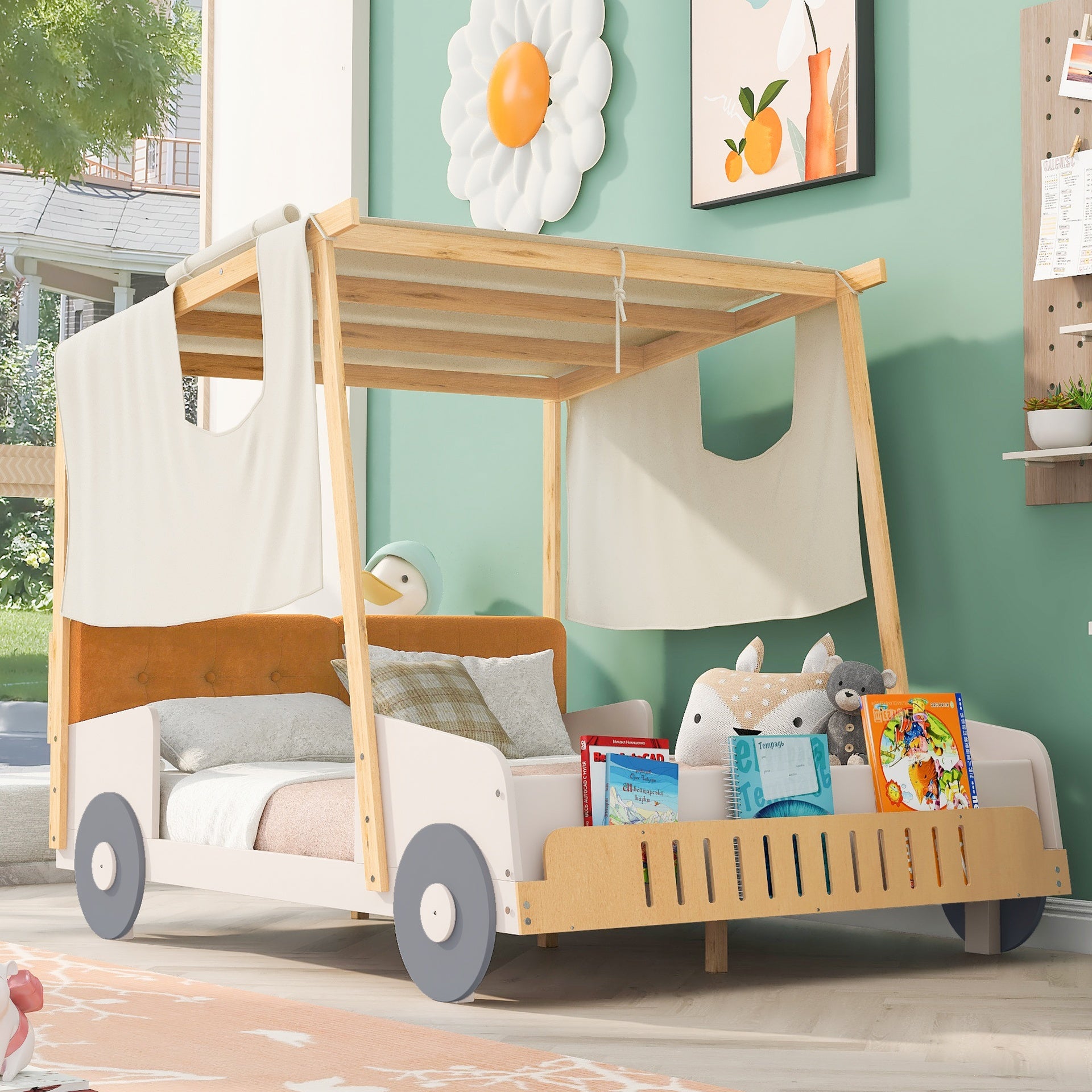 Wood Full Size Car Bed with Pillow, Ceiling Cloth Natural