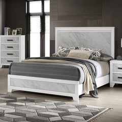Contemporary White Color 1pc Eastern King Size Bed Beautiful Faux Marble Look Panel HB FB Bedroom Furniture Rubber wood