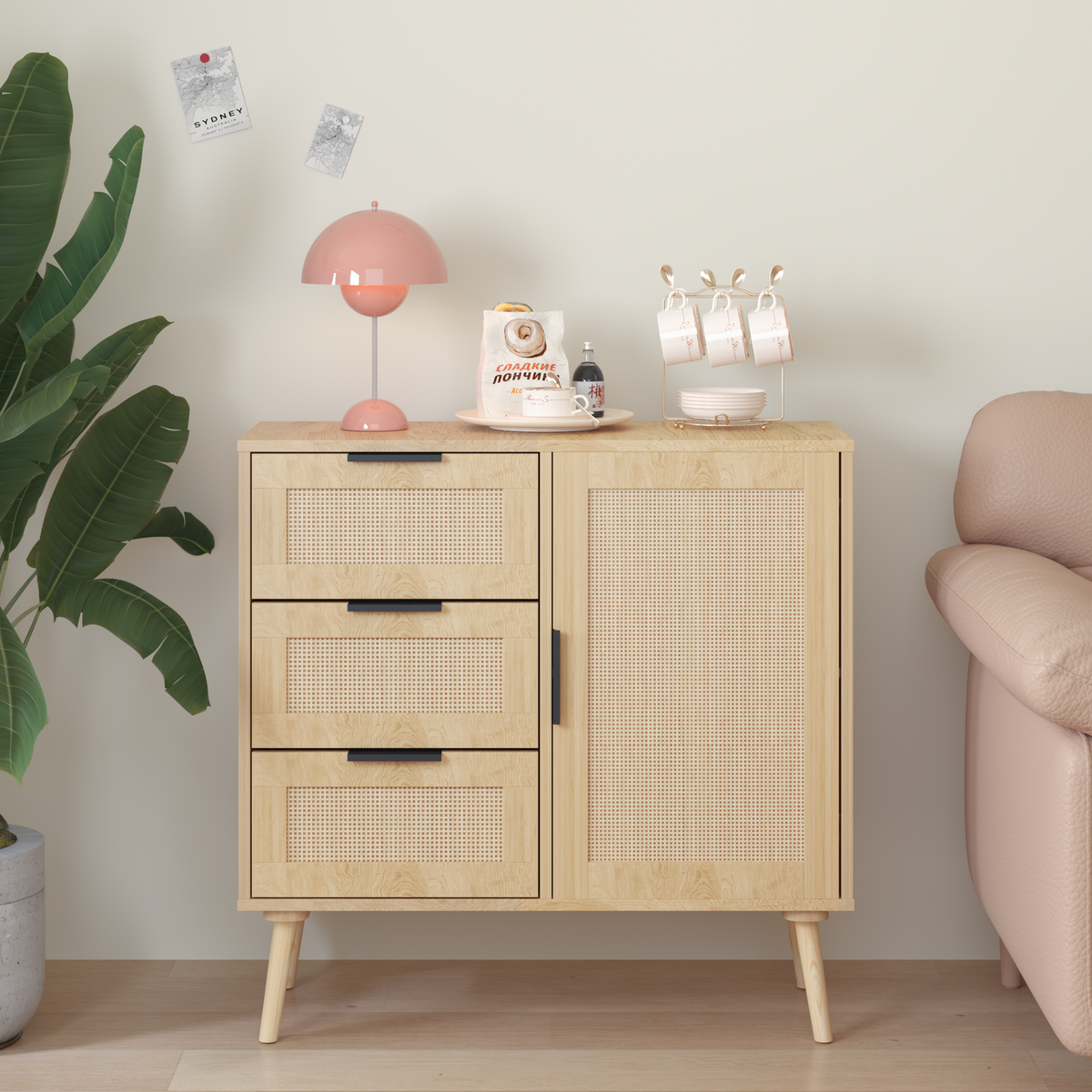 Modern  Rattan Wood  Dresser Wood Storage Cabinet Sideboard for Bedroom, Living Room, Entryway, Hallway