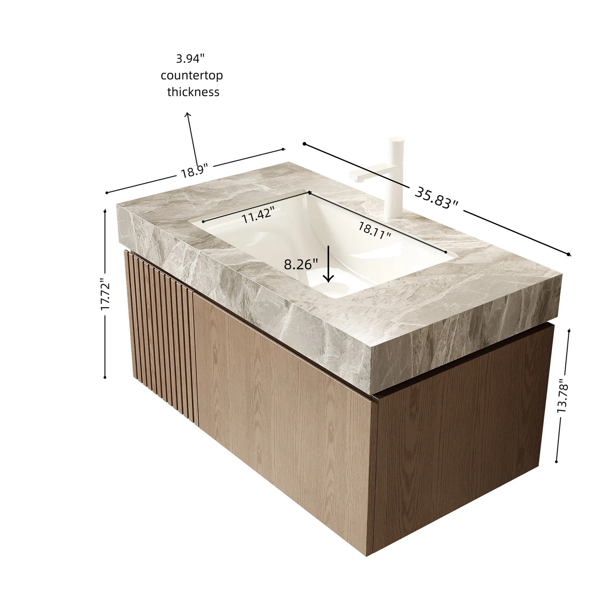 MURI 36" Bathroom Vanity&Sink, Floating Plywood Storage Cabinet with Drawer&Door, Light Gray Sintered Stone Top&Ceramic Basin with 1 Pre-drilled Faucet Hole, Pre-assembled, Heidelberg Woodgrain Color