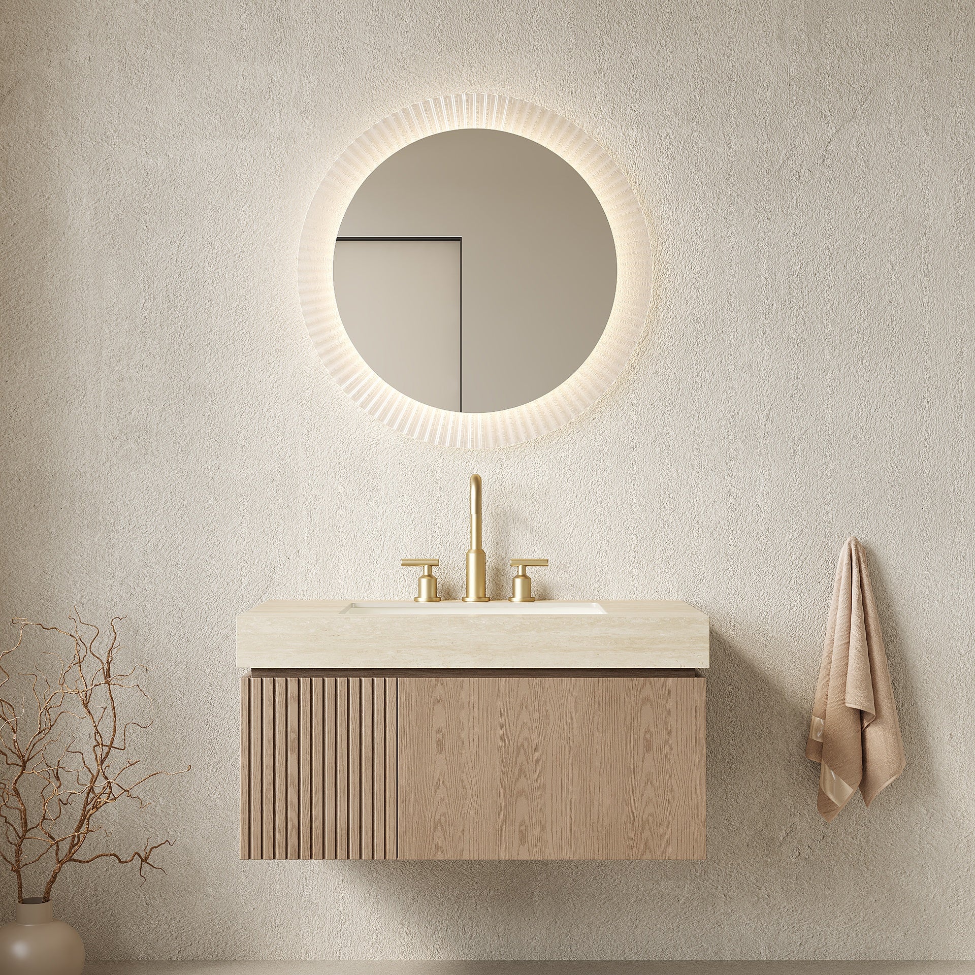 MURI 36" Bathroom Vanity&Sink, Floating Plywood Storage Cabinet with Drawer&Door, Roma Travertine Sintered Stone Top&Ceramic Basin with 3 Pre-drilled Faucet Holes, Pre-assembled, Heidelberg Woodgrain