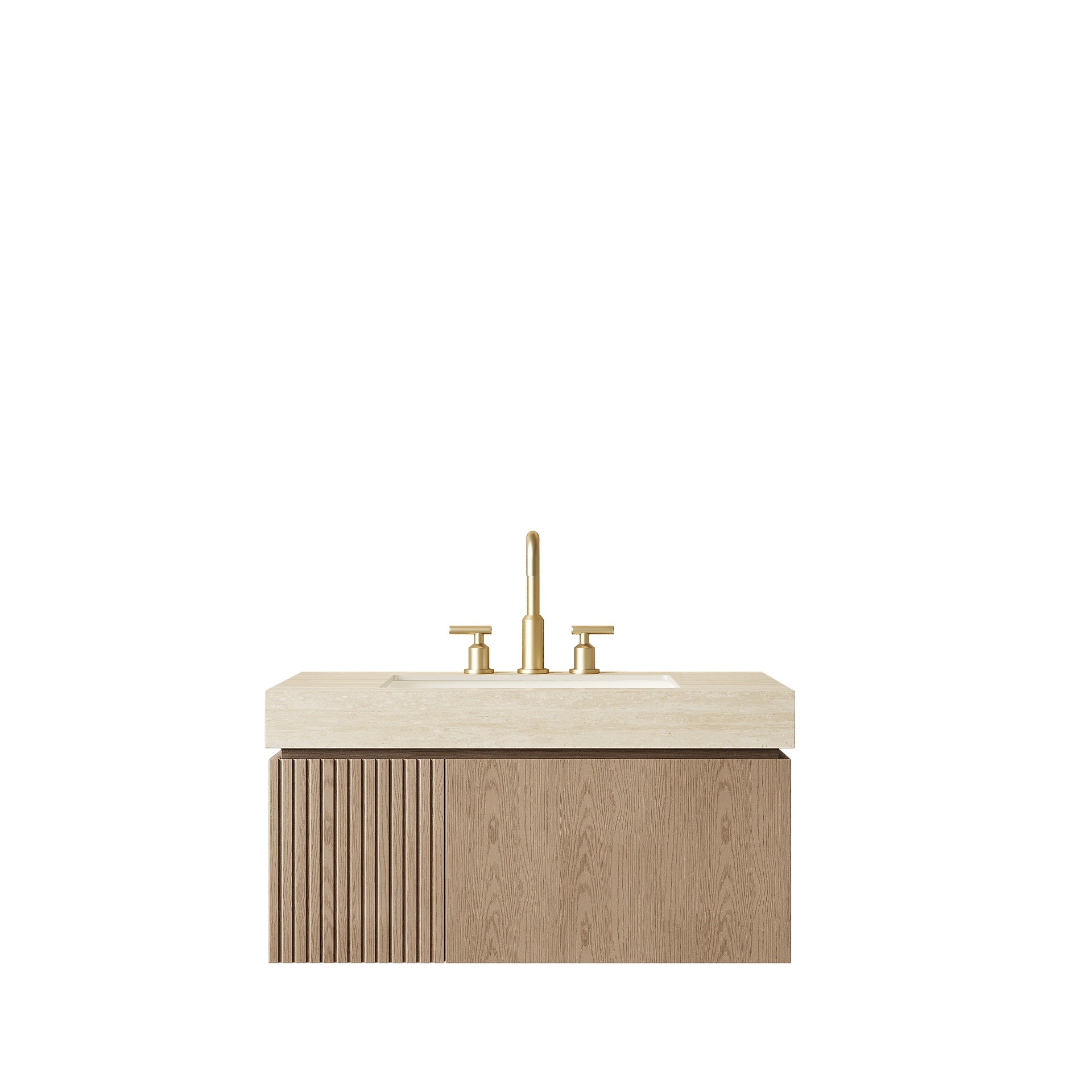 MURI 36" Bathroom Vanity&Sink, Floating Plywood Storage Cabinet with Drawer&Door, Roma Travertine Sintered Stone Top&Ceramic Basin with 3 Pre-drilled Faucet Holes, Pre-assembled, Heidelberg Woodgrain