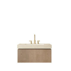 MURI 36" Bathroom Vanity&Sink, Floating Plywood Storage Cabinet with Drawer&Door, Roma Travertine Sintered Stone Top&Ceramic Basin with 3 Pre-drilled Faucet Holes, Pre-assembled, Heidelberg Woodgrain