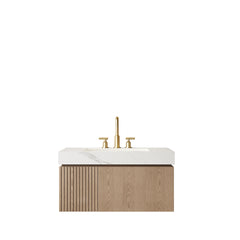 MURI 36" Bathroom Vanity&Sink, Floating Plywood Storage Cabinet with Drawer&Door, Carrara White Sintered Stone Top&Ceramic Basin with 3 Pre-drilled Faucet Holes, Pre-assembled, Heidelberg Woodgrain