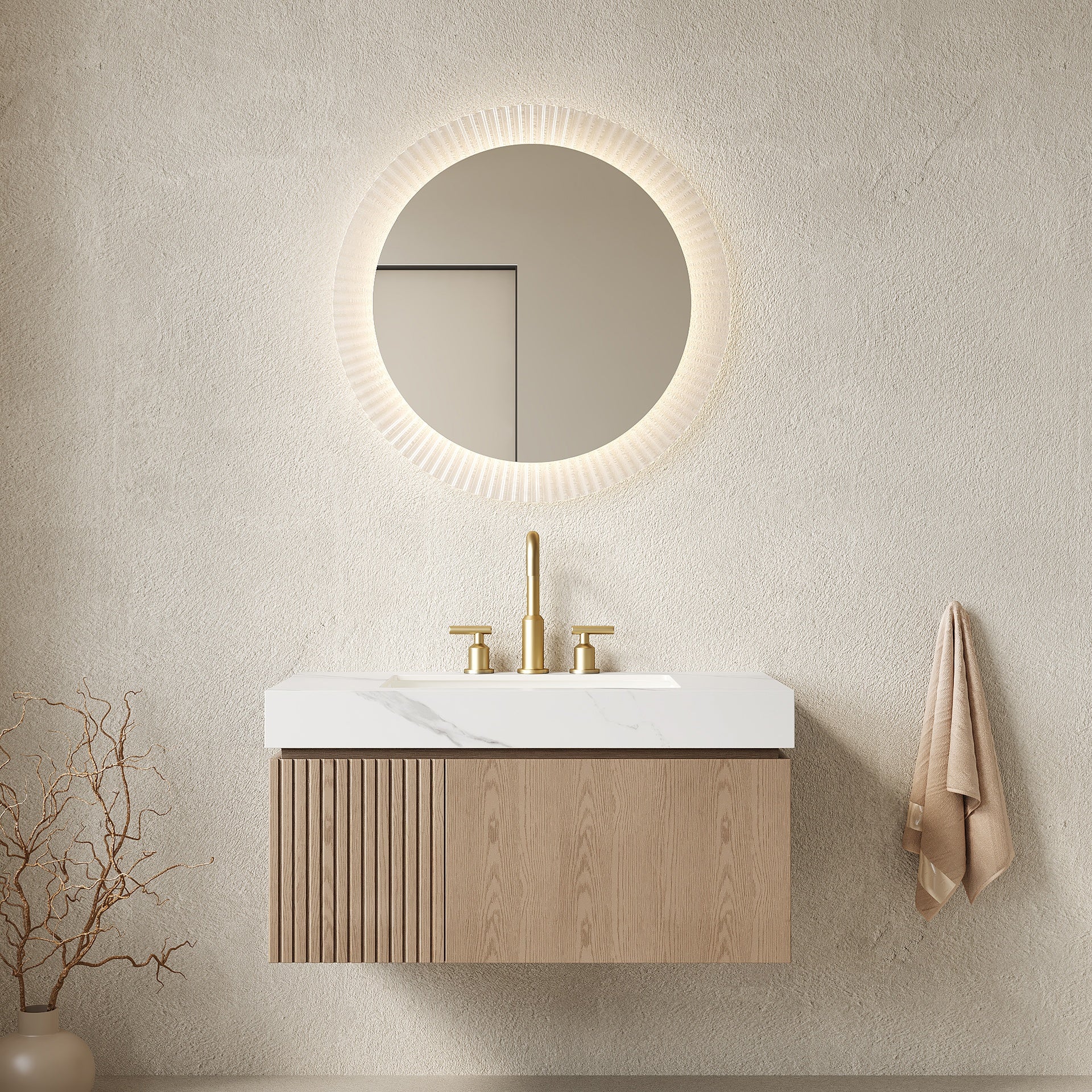MURI 36" Bathroom Vanity&Sink, Floating Plywood Storage Cabinet with Drawer&Door, Carrara White Sintered Stone Top&Ceramic Basin with 3 Pre-drilled Faucet Holes, Pre-assembled, Heidelberg Woodgrain