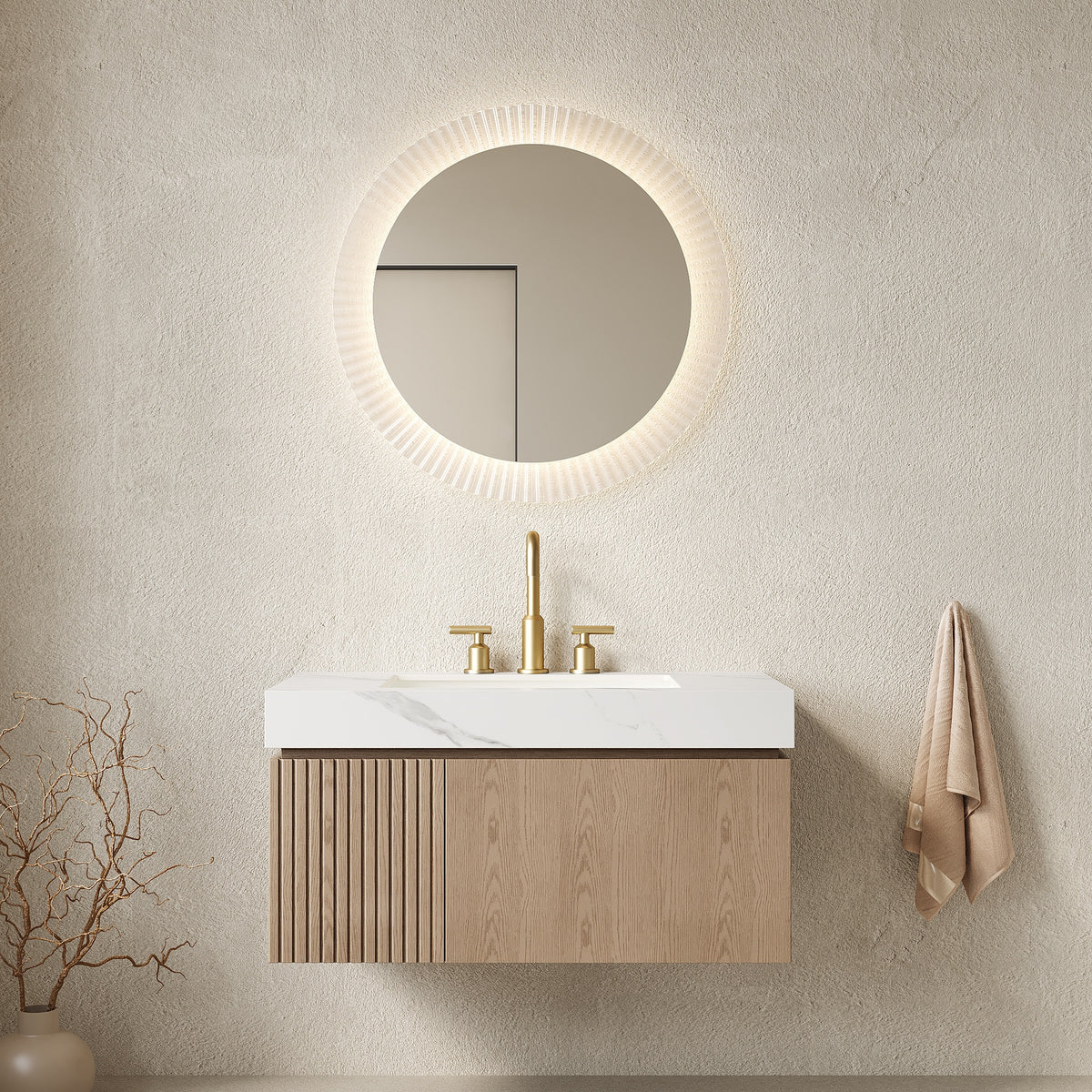 MURI 36" Bathroom Vanity&Sink, Floating Plywood Storage Cabinet with Drawer&Door, Carrara White Sintered Stone Top&Ceramic Basin with 3 Pre-drilled Faucet Holes, Pre-assembled, Heidelberg Woodgrain