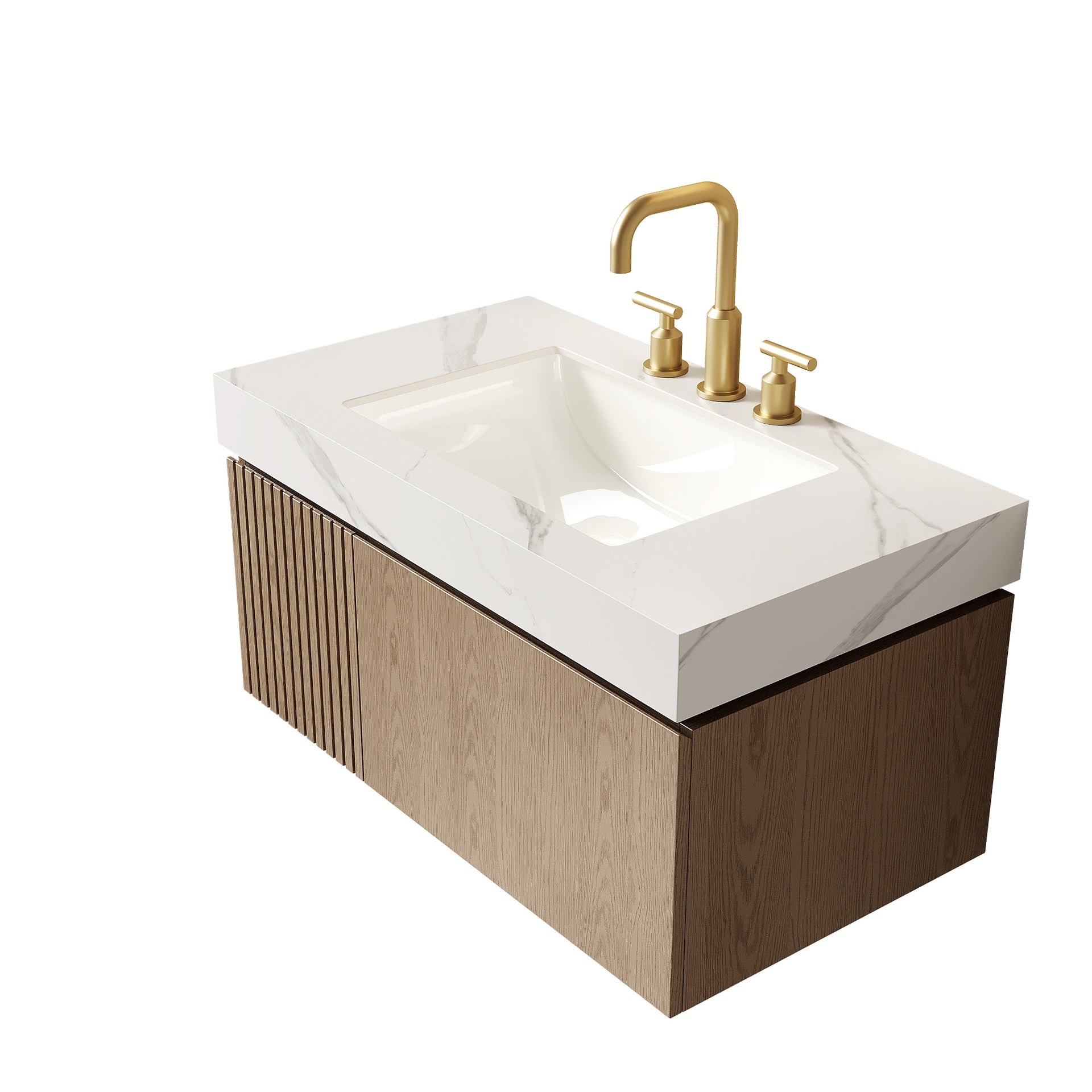 MURI 36" Bathroom Vanity&Sink, Floating Plywood Storage Cabinet with Drawer&Door, Carrara White Sintered Stone Top&Ceramic Basin with 3 Pre-drilled Faucet Holes, Pre-assembled, Heidelberg Woodgrain