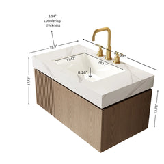 MURI 36" Bathroom Vanity&Sink, Floating Plywood Storage Cabinet with Drawer&Door, Carrara White Sintered Stone Top&Ceramic Basin with 3 Pre-drilled Faucet Holes, Pre-assembled, Heidelberg Woodgrain