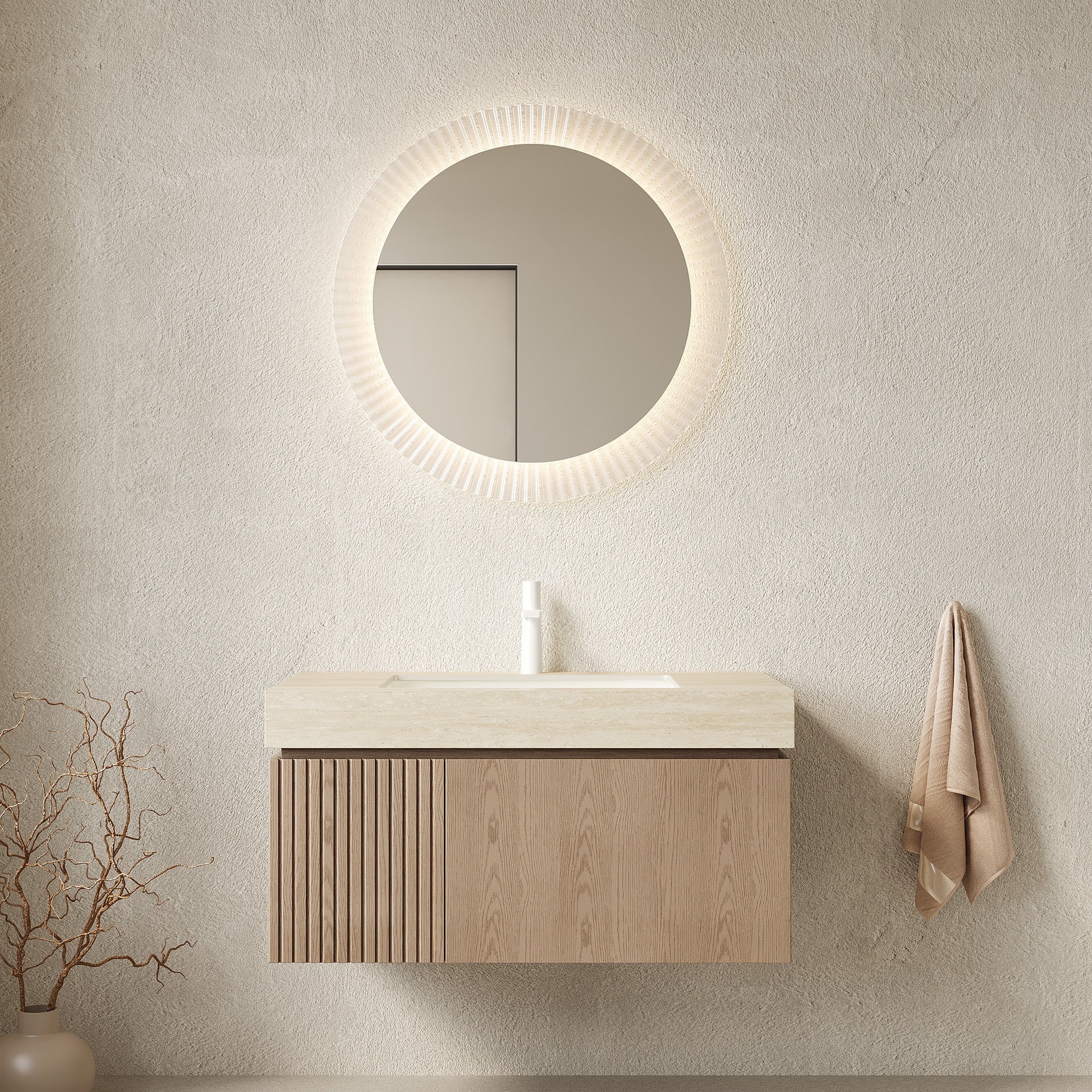 MURI 36" Bathroom Vanity&Sink, Floating Plywood Storage Cabinet with Drawer&Door, Roma Travertine Sintered Stone Top&Ceramic Basin with 1 Pre-drilled Faucet Hole, Pre-assembled, Heidelberg Woodgrain